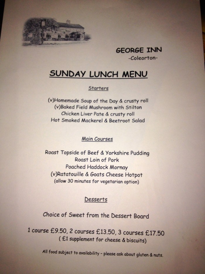 Sunday Lunch Menu The George Inn - Coleorton